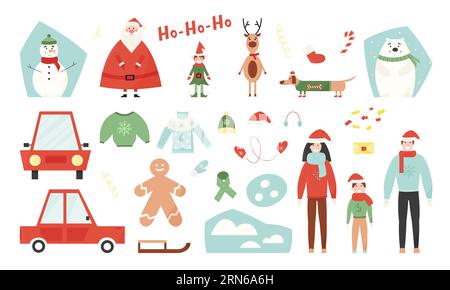 Set di personaggi natalizi con babbo natale, cervi, elfi, animali e famiglia felice in abiti invernali e la loro auto. Stile cartone animato vettoriale piatto Illustrazione Vettoriale