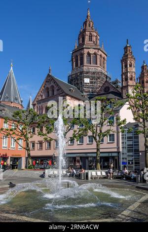 Höfchenbrunnen e sullo sfondo Mainzer Dom St Martin, Magonza, Renania-Palatinato, Germania, Europa Foto Stock