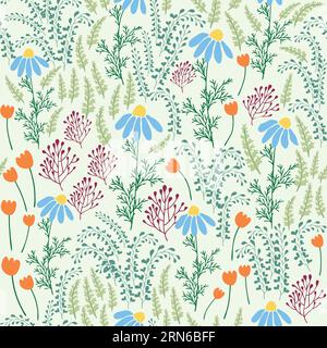 Motivo floreale senza cuciture. Daisie, gigli della valle, trifoglio, tulipani, peonie, Caps lla b rsa-Past ris, erbe. Stampa con piccoli fiori luminosi, spri Illustrazione Vettoriale