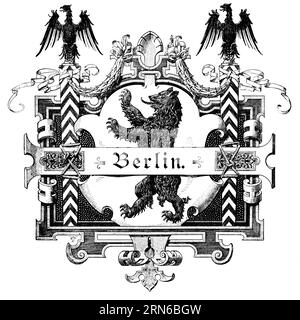 Emblema, Berlino, simbolismo, orso di Berlino in piedi, aquila, animale araldico, ornamento, Germania, illustrazione storica intorno al 1989 Foto Stock