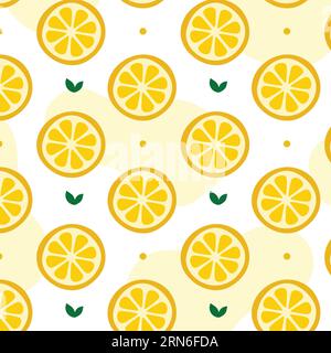 Motivo senza cuciture Lemon Slice. Fantasia estiva colorata e carina. Sfondo limone fresco con foglie verdi. Illustrazione Vettoriale