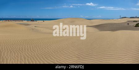 Fotografía panorámica de las Dunas de Maspalomas. El viento y la arena crean paisajes diferentes. Gran Canaria, España Foto Stock