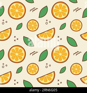 Motivo senza cuciture sezione arancione. Modello biologico di frutta estiva sana. Fondo di agrumi freschi con foglie verdi Illustrazione Vettoriale