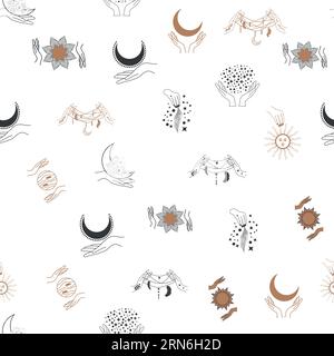 Motivi magici e paradisiaci, con elementi magici come serpente, occhio, carte tarocchi, mano, cranio, pozione, luna, farfalla, funghi, stelle. Symb Illustrazione Vettoriale