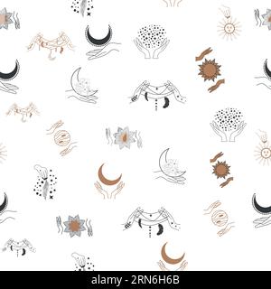 Motivi magici e paradisiaci, con elementi magici come serpente, occhio, carte tarocchi, mano, cranio, pozione, luna, farfalla, funghi, stelle. Symb Illustrazione Vettoriale