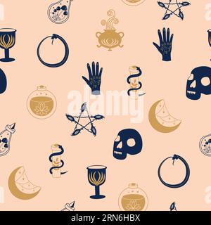 Motivi magici e paradisiaci, con elementi magici come serpente, occhio, carte tarocchi, mano, cranio, pozione, luna, farfalla, funghi, stelle. Symb Illustrazione Vettoriale