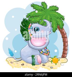 Carino elefante cartone animato, carattere infantile con gli occhi belli in costume hawaiano, spiaggia e vacanza. Illustrazione Vettoriale