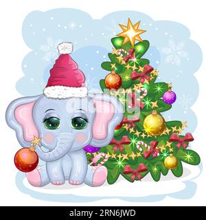 Carino elefante da cartoni animati, personaggio infantile nel cappello di babbo natale con regalo, pallina di natale o canna da zucchero vicino all'albero di natale. Anno nuovo Illustrazione Vettoriale