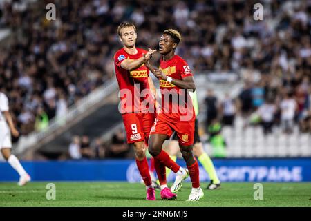 Belgrado, Serbia. 31 agosto 2023. Ibrahim Osman (14) del Nordsjaelland segna per 0-1 durante la partita di qualificazione UEFA Conference League tra Partizan Beograd e FC Nordsjaelland allo Stadion FK Partizan di Belgrado. (Foto: Gonzales Photo/Alamy Live News Foto Stock