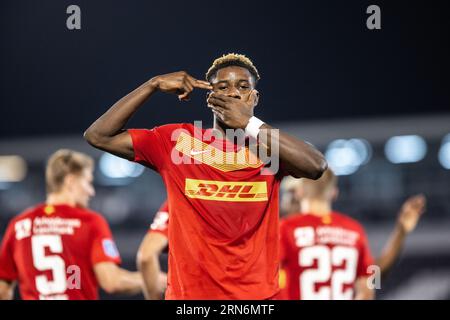 Belgrado, Serbia. 31 agosto 2023. Ibrahim Osman (14) del Nordsjaelland segna per 0-1 durante la partita di qualificazione UEFA Conference League tra Partizan Beograd e FC Nordsjaelland allo Stadion FK Partizan di Belgrado. (Foto: Gonzales Photo/Alamy Live News Foto Stock