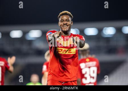 Belgrado, Serbia. 31 agosto 2023. Ibrahim Osman (14) del Nordsjaelland segna per 0-1 durante la partita di qualificazione UEFA Conference League tra Partizan Beograd e FC Nordsjaelland allo Stadion FK Partizan di Belgrado. (Foto: Gonzales Photo/Alamy Live News Foto Stock