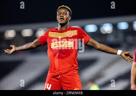 Belgrado, Serbia. 31 agosto 2023. Ibrahim Osman (14) del Nordsjaelland segna per 0-1 durante la partita di qualificazione UEFA Conference League tra Partizan Beograd e FC Nordsjaelland allo Stadion FK Partizan di Belgrado. (Foto: Gonzales Photo/Alamy Live News Foto Stock