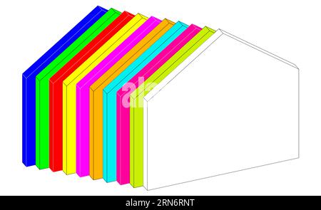 Casa, edificio, simbolo geometrico, sagome di edifici, schema istantaneo. Logo essenziale per rappresentare l'idea di casa in sintesi. grafica 3d. Foto Stock