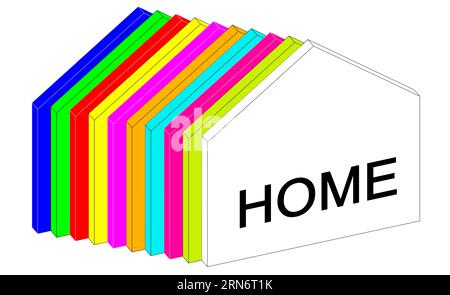 Casa, edificio, simbolo geometrico, sagome di edifici, schema istantaneo. Logo essenziale per rappresentare l'idea di casa in sintesi. grafica 3d. Foto Stock