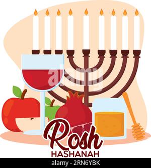 Diversi oggetti e cibo tradizionali ebraici Rosh Hashanah Vector Illustrazione Vettoriale