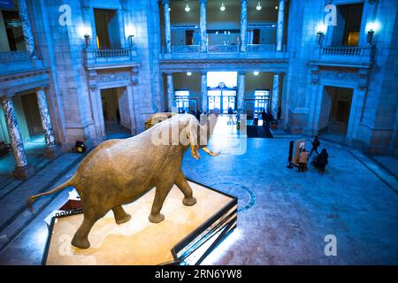 WASHINGTON DC, Stati Uniti - Henry, l'elefante africano del Bush, si trova nella rotonda dello Smithsonian National Museum of Natural History. L'elefante tassidermizzato accoglie i visitatori nella sala centrale del museo dal 1959. Alto 3 metri, questo elefante africano maschile è l'iconico fulcro della rotonda d'ingresso del museo. Foto Stock