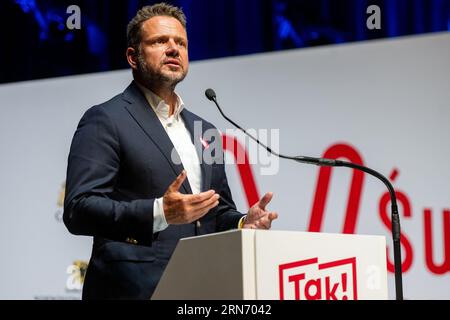 Danzica, Polonia. 31 agosto 2023. Il sindaco di Varsavia Rafal Trzaskowski ha visto durante l'incontro del movimento del governo locale "Sì per la Polonia" presso il Centro europeo di solidarietà di Danzica. (Foto di Mateusz Slodkowski/SOPA Images/Sipa USA) credito: SIPA USA/Alamy Live News Foto Stock