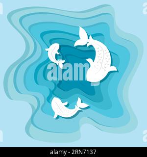 Vista a strati dell'oceano con silhouette di delfini Vector in stile arte cartaceo Illustrazione Vettoriale