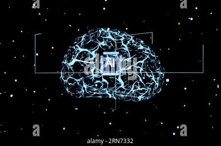 Sistema DI INTELLIGENZA ARTIFICIALE che utilizza un codice di programma complesso per computer. Algoritmi di apprendimento automatico che utilizzano reti neurali per risolvere operazioni matematiche computazionali, visualizzazione del cervello umano animazione di rendering 3D. Foto Stock