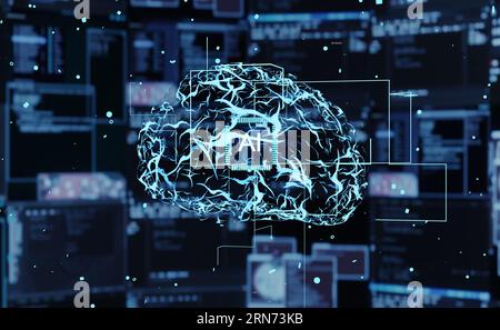 Visualizzazione di reti neurali profonde modellate sul cervello umano che risolve problemi computazionali. Intelligenza artificiale che utilizza il deep learning per analizzare i dati non elaborati, tracciare inferenze e fare previsioni, eseguire animazioni di rendering 3D. Foto Stock