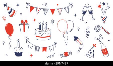 Elemento icona Doodle compleanno. Torta di compleanno, palloncini disegnati a mano, elemento decorativo per eventi. Feste, feste di carnevale. Illustrazione vettoriale. Illustrazione Vettoriale