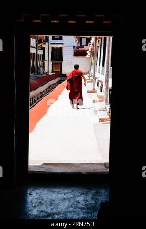 (150818) -- LHASA, 18 agosto 2015 -- Nyima Tsering cammina verso la sua sala d'ufficio al Tempio Jokhang a Lhasa, capitale della regione autonoma del Tibet del sud-ovest della Cina, 16 agosto 2015. Il monaco di 48 anni Nyima Tsering è esperto in cinese e inglese. Dopo essersi diplomato al Collegio di buddhismo tibetano di alto livello a Pechino, Nyima Tsering ha fatto il lavoro di ricevimento al comitato di amministrazione del Tempio di Jokhang e ha introdotto le informazioni sui templi ai turisti provenienti dal paese e dall'estero come guida turistica. ) (xcf/mcg) CHINA-LHASA-TOUR GUIDE-MONK (CN) Chogo PUBLICATIONxNOTxINxCHN 150818 Lhasa Aug 18 2015 Nyima Tseri Foto Stock