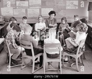 GRUPPO DEGLI ANNI '1960 DI STUDENTI DELLE SCUOLE ELEMENTARI SEDUTI IN UN CIRCOLO DI LETTURA CON INSEGNANTE - S12901 HAR001 HARS FEMMINE COPIA SPAZIO AMICIZIA DONNE A MEZZA LUNGHEZZA PERSONE ISPIRAZIONE MASCHI OBIETTIVI B&W SCUOLE LIVELLO ALTO LEADERSHIP ISTRUTTORE DISCOVERY PROGRESSO OPPORTUNITÀ OCCUPAZIONI CONCETTUALI PRIMARIE EDUCATORE COOPERAZIONE K-12 EDUCARE EDUCATORI EDUCATORI EDUCATORI EDUCATORI SCOLASTICI GIOVANI SCUOLA INSEGNA INSIEME GIOVANE DONNA ADULTA BIANCO E NERO CAUCASICA ETNIA HAR001 ANTIQUATA Foto Stock