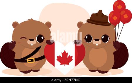 Simpatici personaggi castori con uniformi forestali Vector Illustrazione Vettoriale
