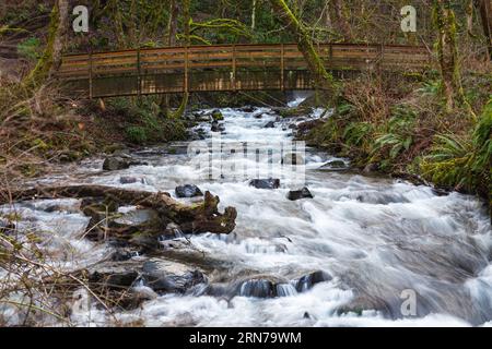 Ponte escursionistico sul fiume Bridal Veil a valle delle Bridal Veil Falls vicino Portland Oregon Foto Stock