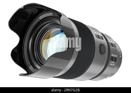 Teleobiettivo con zoom, obiettivo per fotocamere. Rendering 3D isolato su sfondo bianco Foto Stock