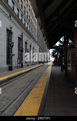 Jersey City, New Jersey, USA, vista della stazione della metropolitana leggera di Exchange Place Foto Stock