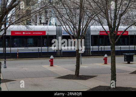 Jersey City, New Jersey, USA, vista della stazione della metropolitana leggera di Exchange Place Foto Stock