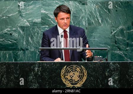 (150929) -- NEW YORK, 29 settembre 2015 -- il primo ministro italiano Matteo Renzi si rivolge alla 70a sessione dell'Assemblea generale delle Nazioni Unite presso la sede delle Nazioni Unite a New York il 29 settembre 2015. ) DIBATTITO GENERALE ONU-NEW YORK LixMuzi PUBLICATIONxNOTxINxCHN New York settembre 29 2015 i primi ministri italiani Matteo Renzi si rivolge alla 70a sessione dell'Assemblea generale delle Nazioni Unite PRESSO la sede delle Nazioni Unite a New York IL 29 2015 settembre dibattito generale ONU New York LiXMuzi PUBLICATIONxNOTxINxCHN Foto Stock