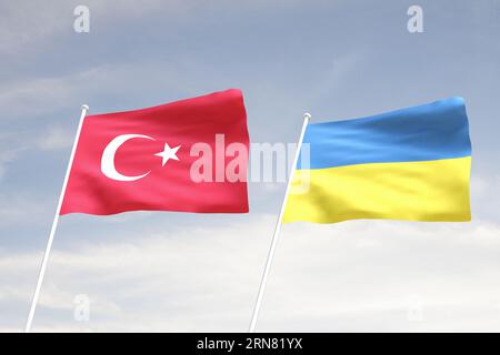 Flags of TURKEY  and UKRANIE with cloudy blue sky background, WAR 3D rendering Stock Photo