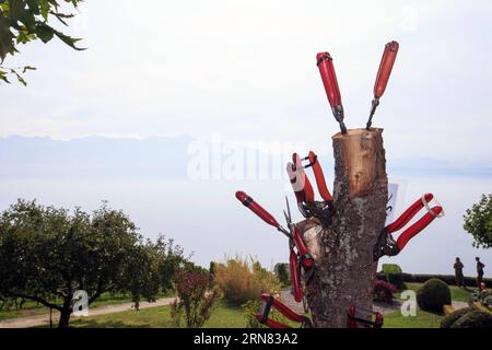 (20151004) -- GINEVRA, 4 ottobre 2015 -- le forbici sono inserite in un legno nel Villaggio della vite di Alain Chollet a Lavaux, Svizzera, 3 ottobre 2015. Attualmente si trova durante il periodo della vendemmia a Lavaux Vineyard Terrace, accanto al lago di Lemen in Svizzera. Lavaux Vineyard Terrace è iscritto nella lista dei patrimoni dell'umanità dell'UNESCO dal 28 giugno 2007. ) SVIZZERA-VENDEMMIA LAVAUX XuxJinquan PUBLICATIONxNOTxINxCHN Ginevra OTT 4 2015 le forbici sono inserite in un legno nel Villaggio della vite di Alain Chollet a Lavaux Svizzera OCT 3 2015 attualmente È in fase di vendemmia nella Terrazza del vigneto Lavaux Foto Stock