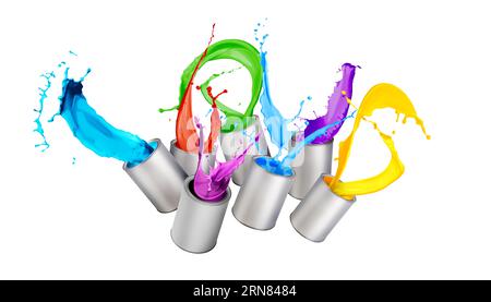 Vernice di colori diversi che spruzza dalle lattine su sfondo bianco Foto Stock