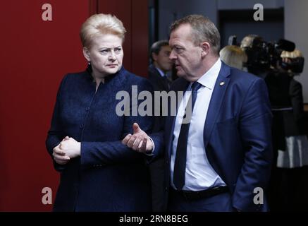 (151015) -- BRUSSELS, Oct. 15, 2015 -- Lithuania s President Dalia Grybauskaite (L) and Denmark s Prime Minister Lars Lokke Rasmussen talk during a family photo session at the start of an EU Summit in Brussels, Belgium, Oct. 15, 2015. EU leaders will focus on migration, the completion of the Economic and Monetary Union and the issue of the UK referendum. ) BELGIUM-EU SUMMIT-REFUGEE CRISIS-UKRAINE-ECONOMY YexPingfan PUBLICATIONxNOTxINxCHN   Brussels OCT 15 2015 Lithuania S President Dalia Grybauskaite l and Denmark S Prime Ministers Lars Lokke Rasmussen Talk during a Family Photo Session AT The Stock Photo