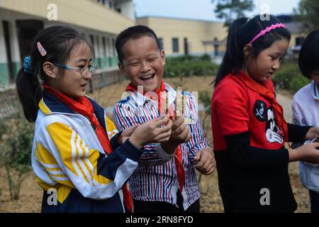 (151022) -- CHANGXING, 22 ottobre 2015 -- studenti della scuola elementare Baixian guardano alla medicina vegetale nella contea di Changxing, nella provincia dello Zhejiang nella Cina orientale. Situata in un villaggio di montagna, la scuola elementare Baixian cresce oltre 130 tipi di erboristeria nel suo giardino di 5.000 metri quadrati, che caratterizza la medicina erboristica nell'educazione. (dhf) CHINA-ZHEJIANG-PRIMARY SCHOOL-HERBAL MEDICINE EDUCATION (CN) XuxYu PUBLICATIONxNOTxINxCHN Chang Xing OCT 22 2015 allievi della scuola primaria Guarda la medicina a Chang Xing County East China S Zhejiang Province situata in un Mountain Village Primary School CRESCE Foto Stock