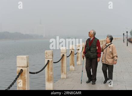 Li Chang e sua moglie Zhang Guiqin passeggiano in un parco a Taiyuan, capitale della provincia dello Shanxi della Cina settentrionale, 21 ottobre 2015. L'ingegnere cinese in pensione li Chang, un grande collezionista di prodotti meccanici antichi, sta ora progettando di raccogliere fondi su Internet per realizzare una promessa fatta a sua moglie. Li Chang sposò sua moglie, Zhang Guiqin, nel 1958 e fece la promessa durante il loro anniversario di nozze d'oro. Li Chang possiede una calcolatrice meccanica Brunsvigr tedesca della seconda guerra mondiale in buone condizioni. Di recente li Chang ha pubblicato un annuncio per vendere la calcolatrice tramite Wechat, uno dei più pop cinesi Foto Stock