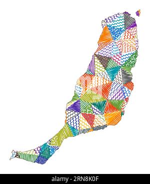 Mappa di Fuerteventura in stile bambino. Poligoni disegnati a mano a forma di Fuerteventura. Illustrazione vettoriale. Illustrazione Vettoriale