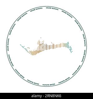 Grand Bahama round logo. Digital style shape of Grand Bahama in dotted circle with island name. Tech icon of the island with gradiented dots. Vibrant Stock Vector