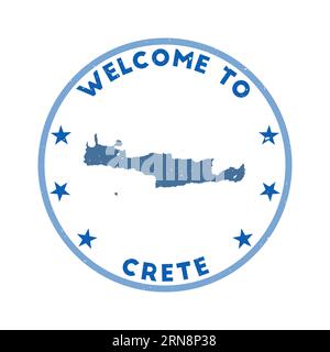 Benvenuto al francobollo di Creta. Francobollo tondo grunge Island con texture in tema di colore Wing Commander. Sigillo geometrico Creta in stile vintage. Illustrazione Vettoriale
