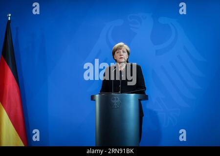 (151114) -- BERLINO, 14 novembre 2015 -- la cancelliera tedesca Angela Merkel partecipa a una conferenza stampa sugli attacchi a Parigi alla cancelleria di Berlino, in Germania, il 14 novembre 2015. ) GERMANIA-BERLINO-ANGELA MERKEL-PRESS Zhangxfan PUBLICATIONxNOTxINxCHN 151114 Berlino novembre 14 2015 la Cancelliera tedesca Angela Merkel partecipa a una conferenza stampa SUGLI attacchi a Parigi ALLA Cancelleria di Berlino Germania IL 14 novembre 2015 Germania Berlino Angela Merkel Press Zhangxfan PUBLICATIONxNOTxINxCHN Foto Stock