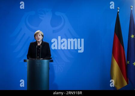 (151114) -- BERLINO, 14 novembre 2015 -- la cancelliera tedesca Angela Merkel partecipa a una conferenza stampa sugli attacchi a Parigi alla cancelleria di Berlino, in Germania, il 14 novembre 2015. ) GERMANIA-BERLINO-ANGELA MERKEL-PRESS Zhangxfan PUBLICATIONxNOTxINxCHN 151114 Berlino novembre 14 2015 la Cancelliera tedesca Angela Merkel partecipa a una conferenza stampa SUGLI attacchi a Parigi ALLA Cancelleria di Berlino Germania IL 14 novembre 2015 Germania Berlino Angela Merkel Press Zhangxfan PUBLICATIONxNOTxINxCHN Foto Stock