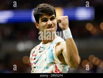 Flushing Meadow, United Stated. 31st Aug, 2023. Carlos Alcaraz of Spain celebrates after match point defeating Lloyd Harris of South Africa in straight sets in the second round in Arthur Ashe Stadium at the 2023 US Open Tennis Championships at the USTA Billie Jean King National Tennis Center on Thursday, August 31, 2023 in New York City. Photo by John Angelillo/UPI Credit: UPI/Alamy Live News Stock Photo