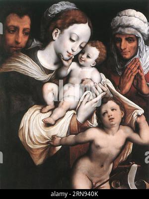 Sacra famiglia con Elisabetta e Giovanni Battista tra il 1520 circa e il 1594 circa di Cornelis van Cleve Foto Stock