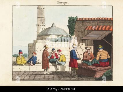 Il bazar di Bedesten a Larissa, Tessaglia, Grecia. Gli uomini dei turbanti parlano, contrattano e fumano tubi al mercato di fronte a una moschea. Bazar de Larrise (Grece). Incisione su copperplate a mano da album des Peuples di A. Antoine de Saint-Gervais, ou Collection de Tableaux, album of Peoples, or Collection of Paintings, J. Langlume et Peltier, Parigi, 1835. Ristampato da Moeurs et coutumes des Peuples, Hocquart, 1811. Foto Stock