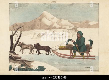 Kamchadal or Koryak man riding a dog-sled over a frozen landscape, Kamchatka, Russia, 1800s. Several yurts in the background. Kamtschadale dans son traineau tire par des chiens. Handcoloured copperplate engraving from A. Antoine de Saint-Gervais’s Album des Peuples, ou Collection de Tableaux, Album of Peoples, or Collection of Paintings, J. Langlume et Peltier, Paris, 1835. Reprinted from Moeurs et coutumes des Peuples, Hocquart, 1811. Stock Photo