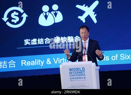 (151217) -- WUZHEN, Dec. 17, 2015 -- Terry Gou, founder and CEO of Foxconn Technology Group, addresses the Digital China Forum during the 2015 World Internet Conference in Wuzhen, east China s Zhejiang Province, Dec. 17, 2015. ) (zkr) CHINA-WUZHEN-WIC 2015-FORUM(CN) HuangxZongzhi PUBLICATIONxNOTxINxCHN   151217 Wuzhen DEC 17 2015 Terry Gou Founder and CEO of Foxconn Technology Group addresses The Digital China Forum during The 2015 World Internet Conference in Wuzhen East China S Zhejiang Province DEC 17 2015 CCR China Wuzhen WIC 2015 Forum CN HuangxZongzhi PUBLICATIONxNOTxINxCHN Stock Photo