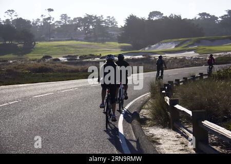 (151217) -- CALIFORNIA, 17 dicembre 2015 -- la foto scattata nel novembre 2014 mostra le persone in bicicletta lungo la costa su 17-Mile Drive in California, Stati Uniti. La 17-Mile Drive è ampiamente riconosciuta come una delle strade più panoramiche del mondo. Il famoso punto di riferimento costiero attraversa Pacific Grove fino a Pebble Beach, dalla suggestiva costa del Pacifico alla maestosa foresta del Monte). U.S.-CALIFORNIA-17-MILE DRIVE-SCENOGRAFIA YangxLei PUBLICATIONxNOTxINxCHN 151217 California DEC 17 2015 foto scattate nel novembre 2014 mostra celebrità in bicicletta lungo la costa SU 17 Mile Drive in California The Foto Stock